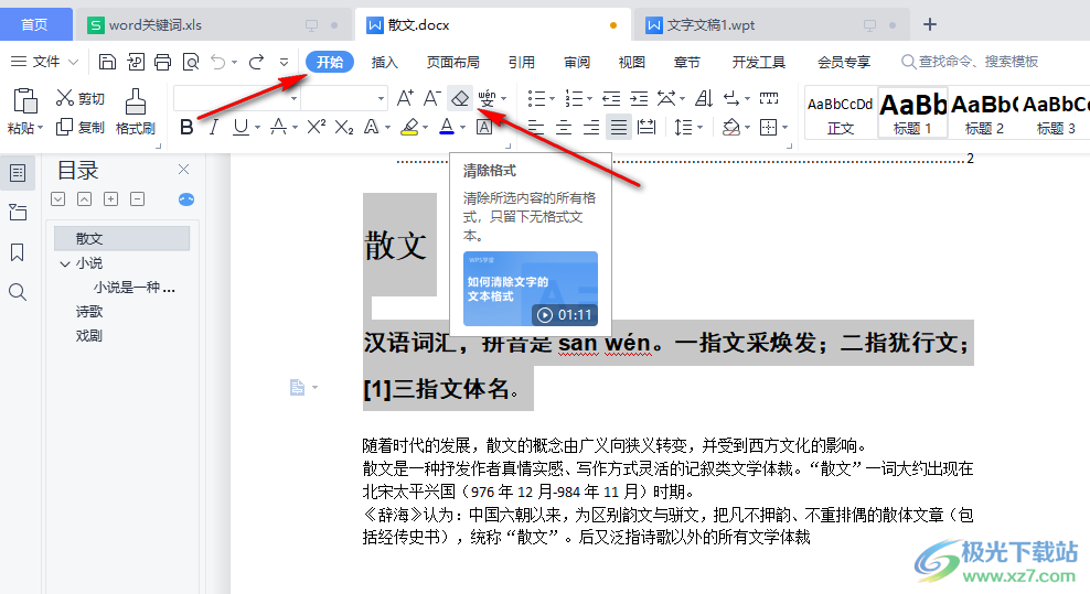 WPS Word文档清除文字格式的方法