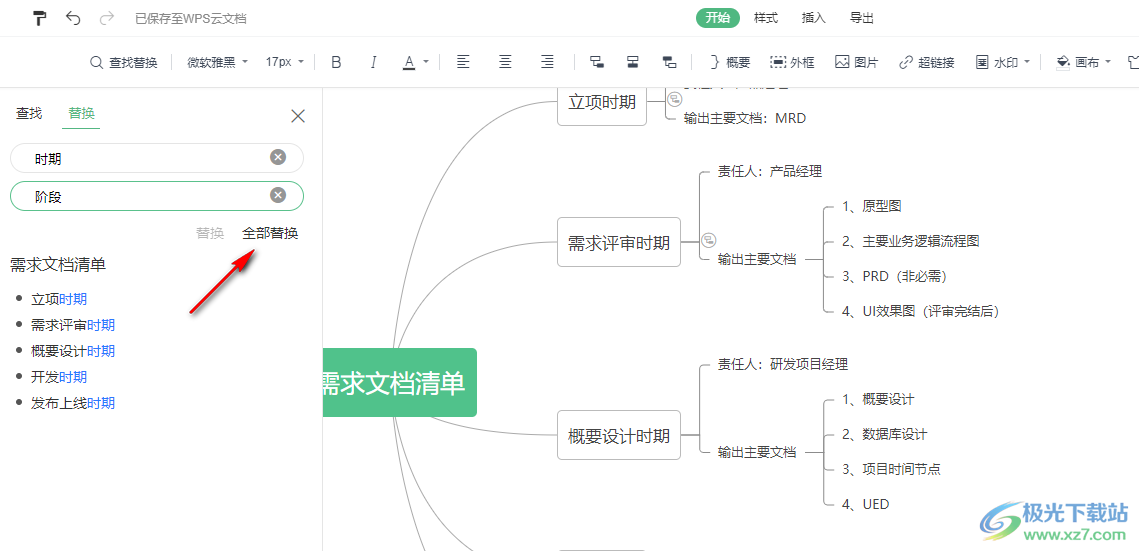 WPS PPT思维导图中快速替换文字的方法