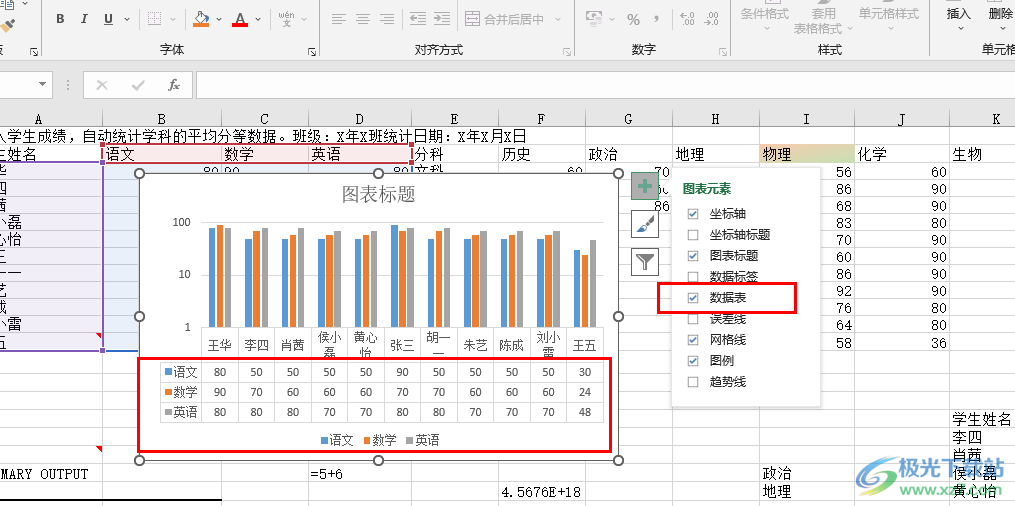 Excel图表下方显示数据表的方法