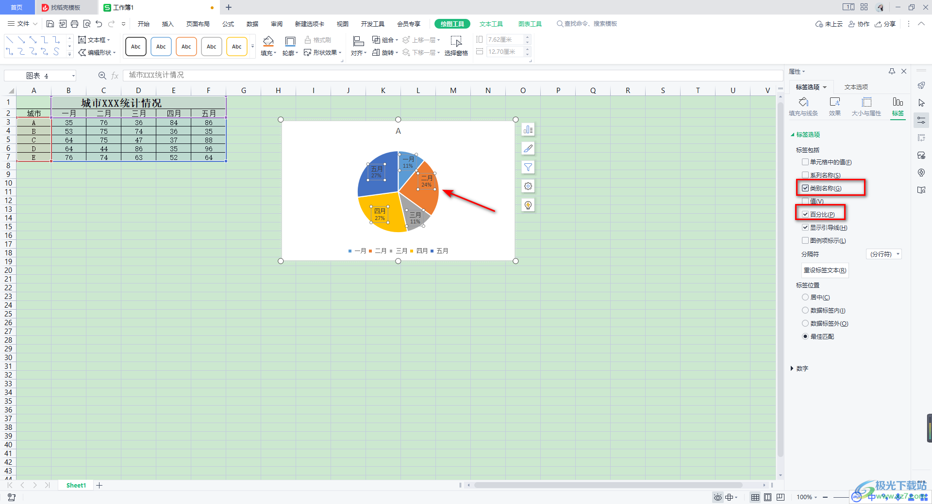 WPS Excel饼图设置显示类别名称和百分比的方法