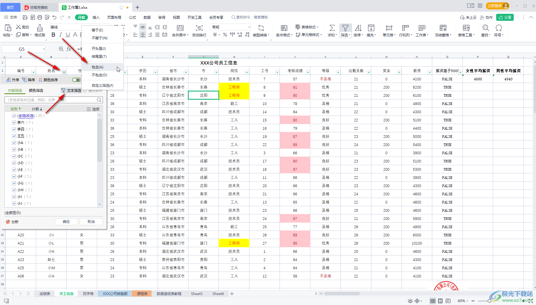 WPS Excel筛选包含某个字的内容的方法教程