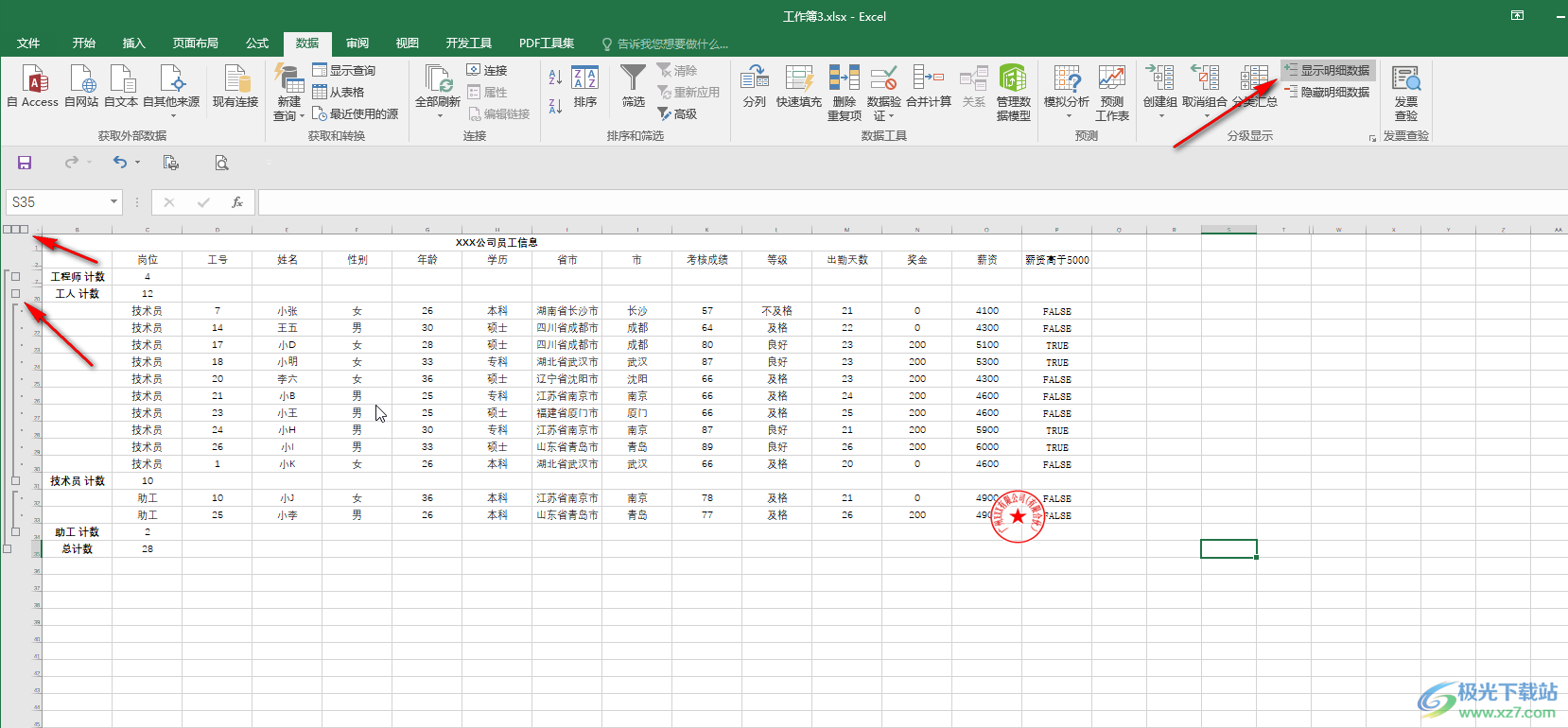 Excel表格中使用分类汇总功能并显示或隐藏明细的方法教程