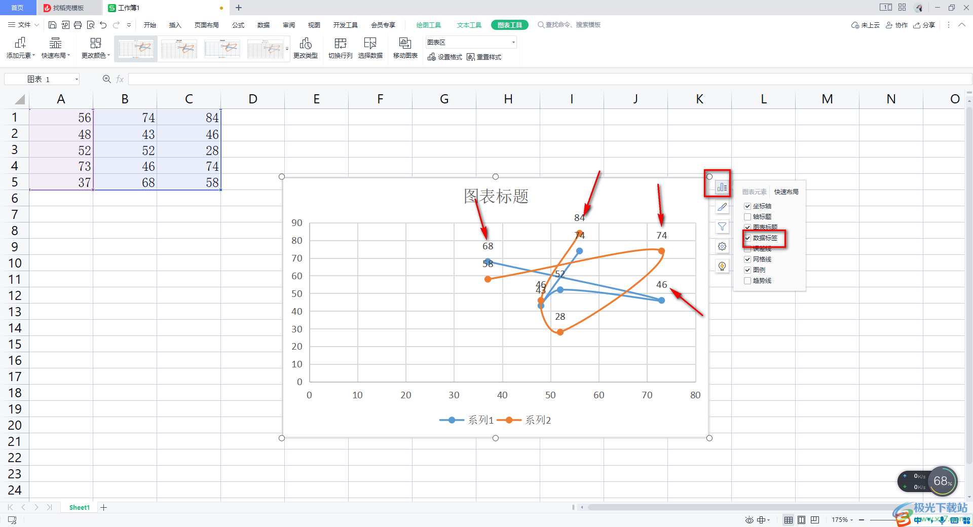 wps Excel数据表设置带趋势线和数据标签散点图的方法