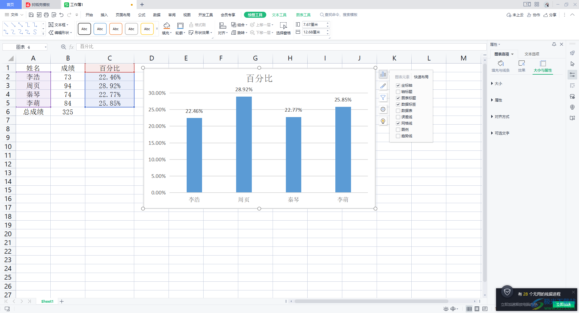 WPS excel柱状图把数字转换成百分比的方法