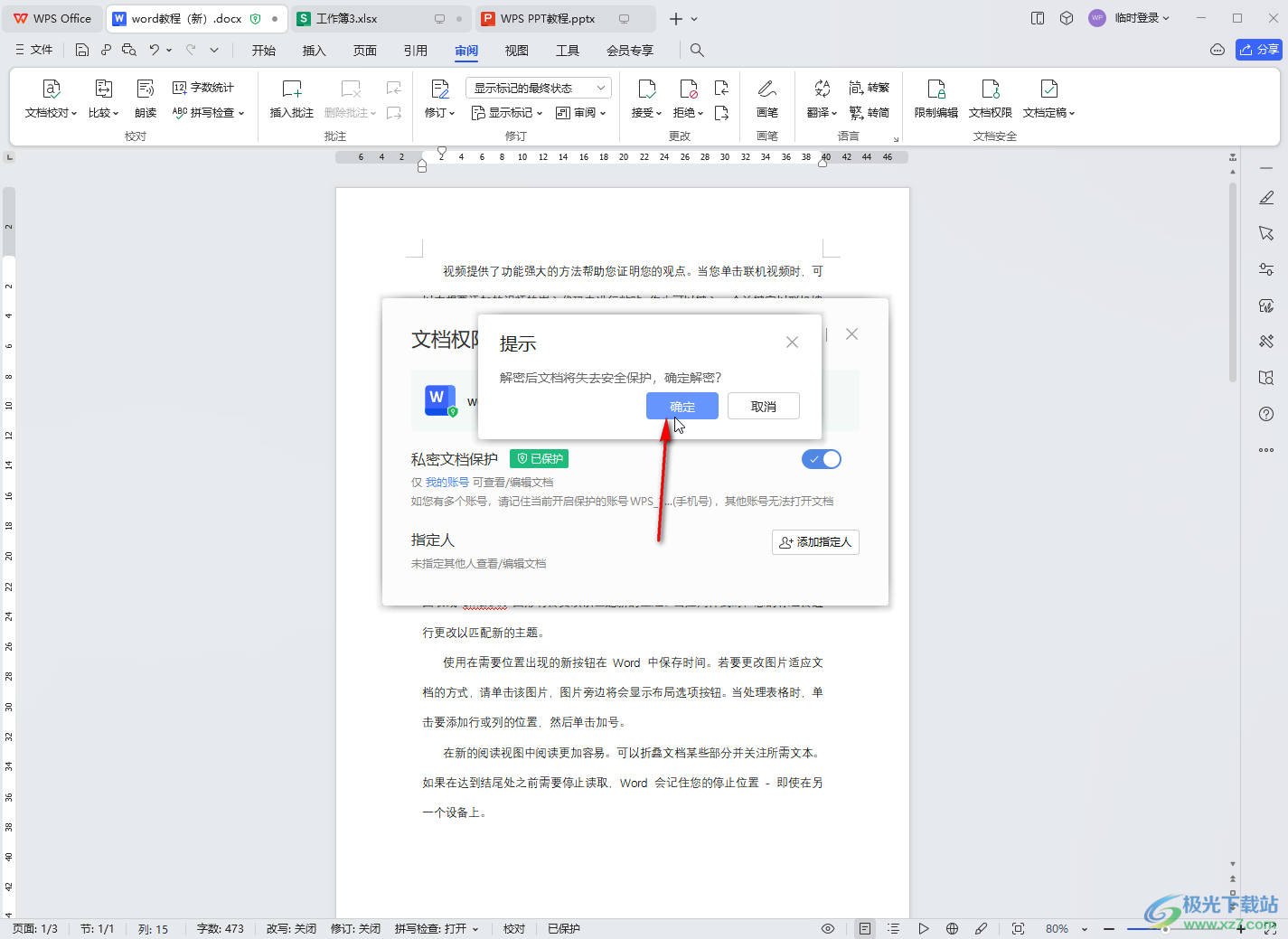 WPS文档取消私密文档保护的方法教程