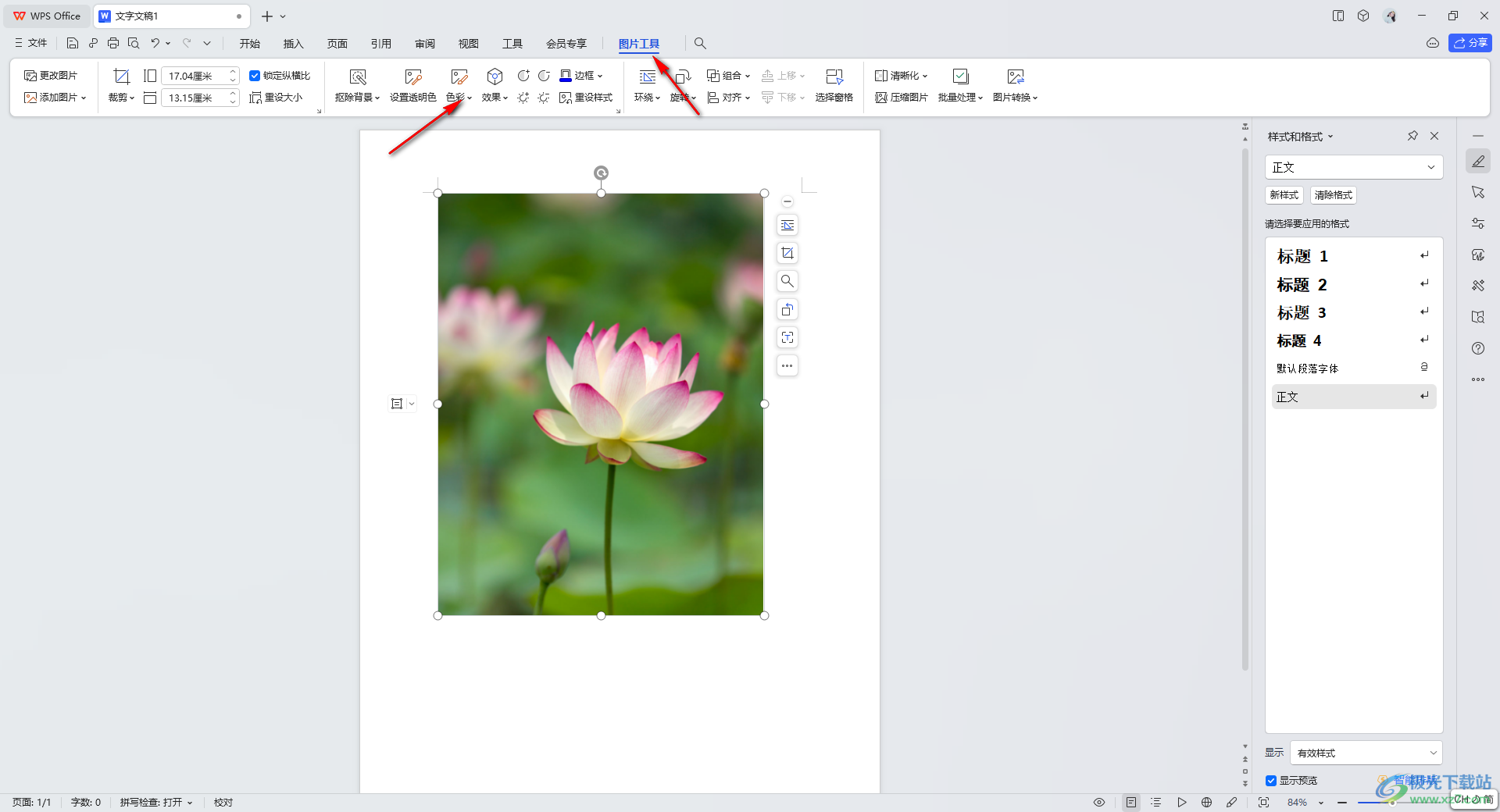 WPS Word文档中将彩色图片设置为黑白色的方法