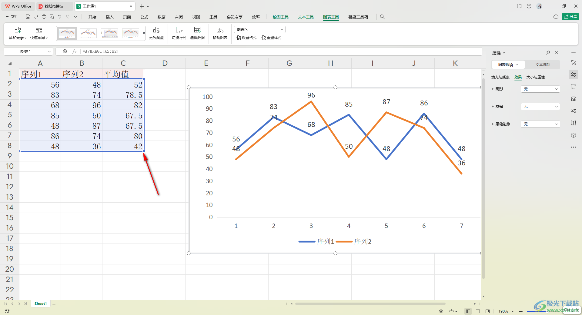 WPS表格在折线图中添加平均值线的方法