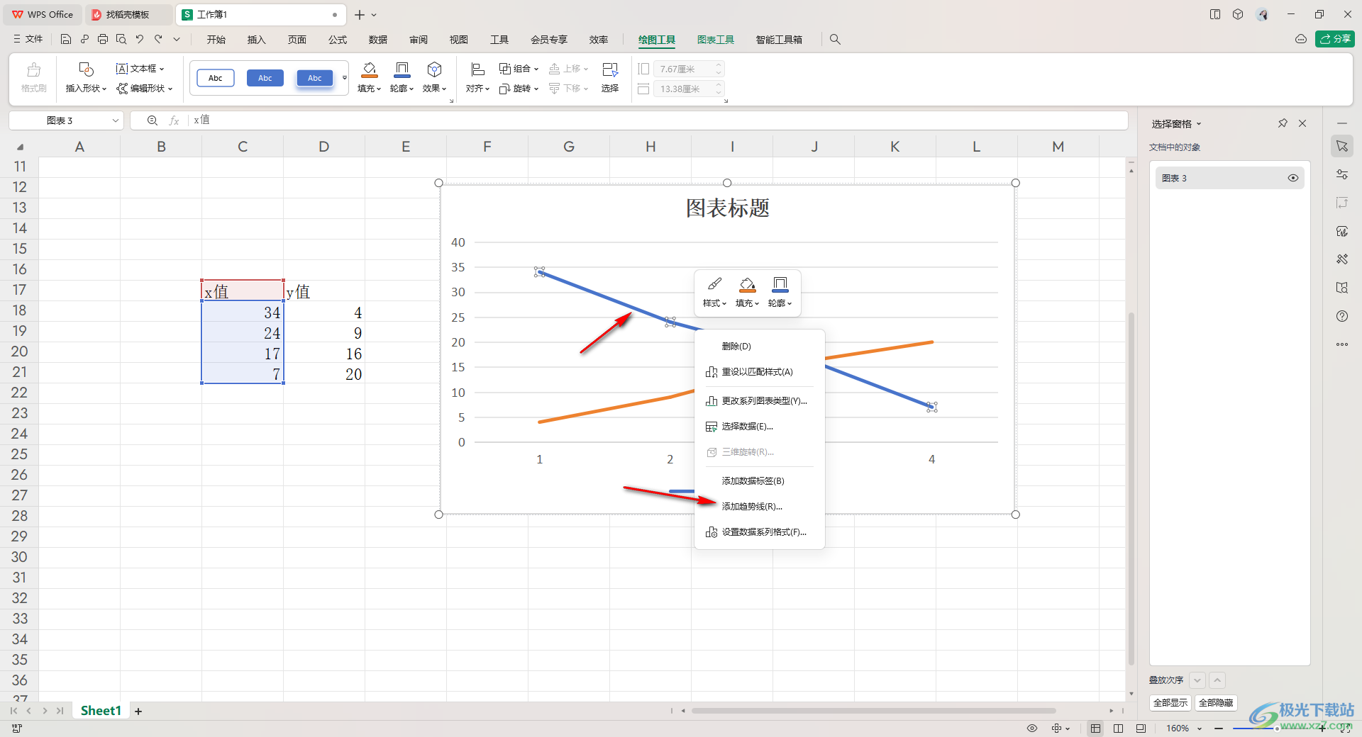 WPS excel中做线性回归方程的方法