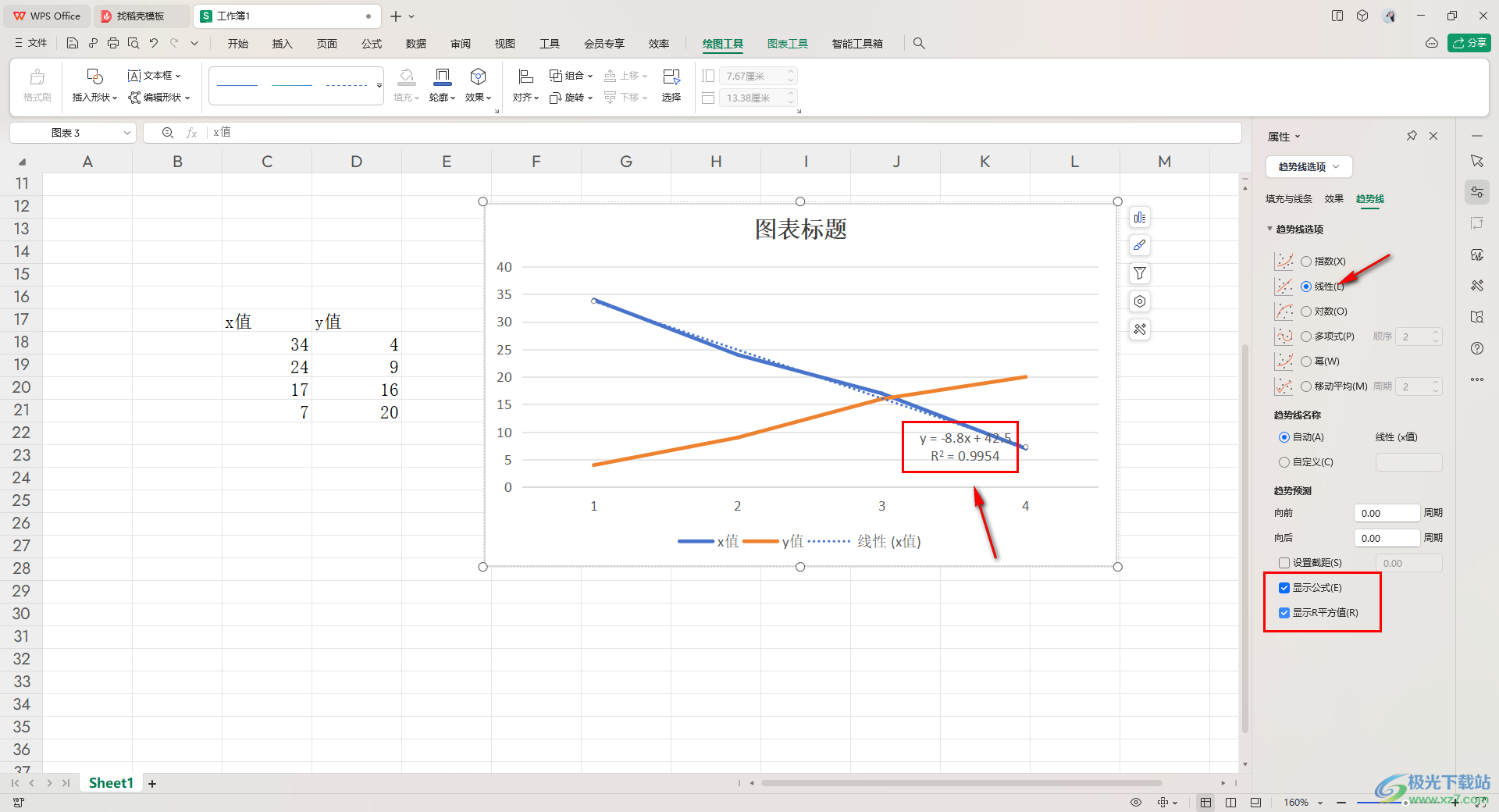 WPS excel中做线性回归方程的方法