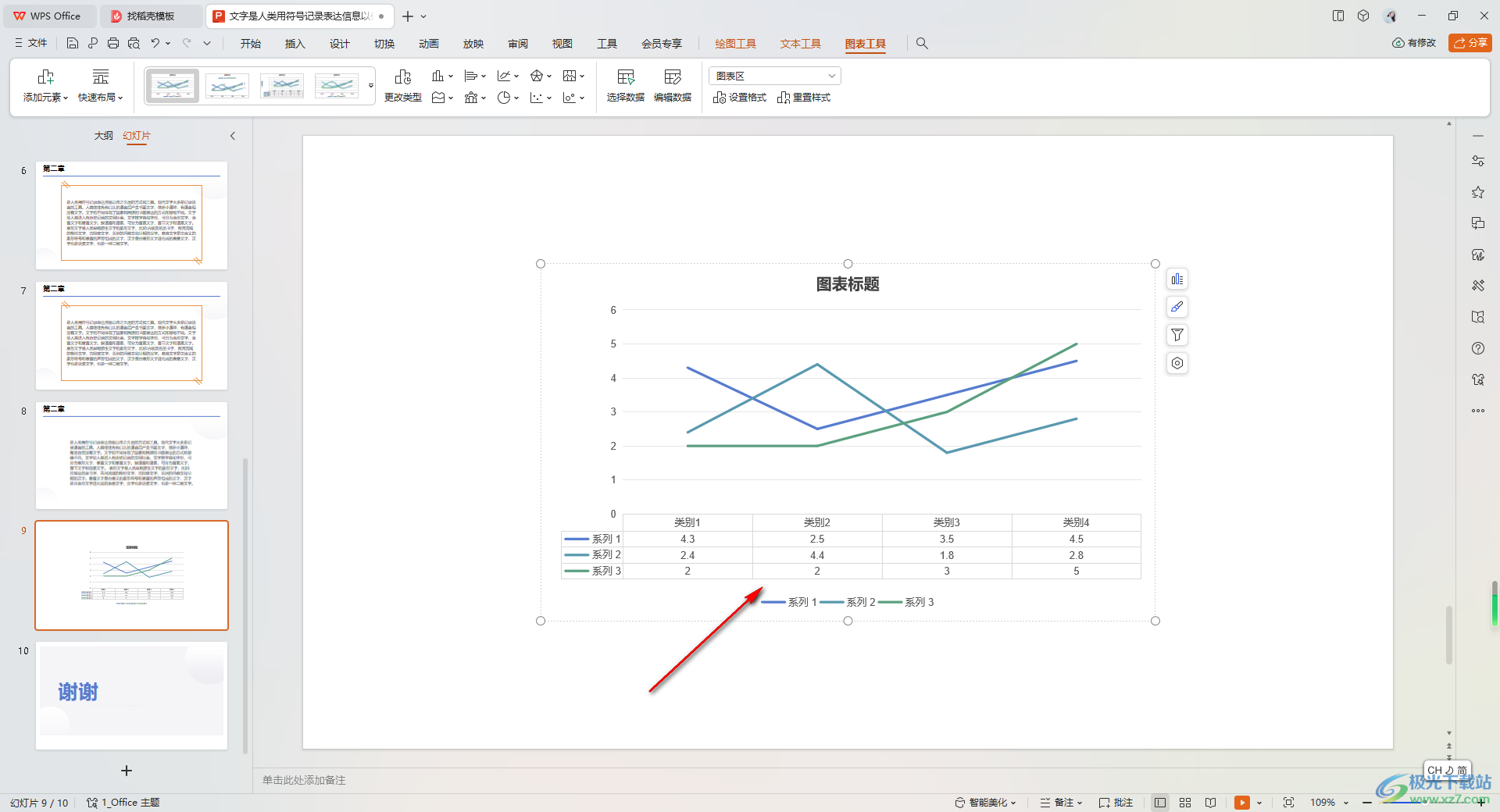 WPS ppt图表中展示图表对应的表格数据的方法