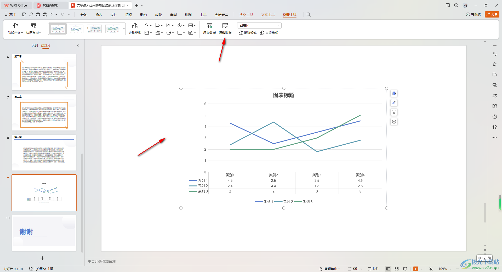 WPS ppt图表中展示图表对应的表格数据的方法