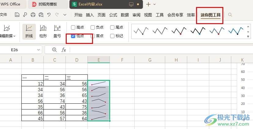 WPS Excel突出显示迷你图低点的方法