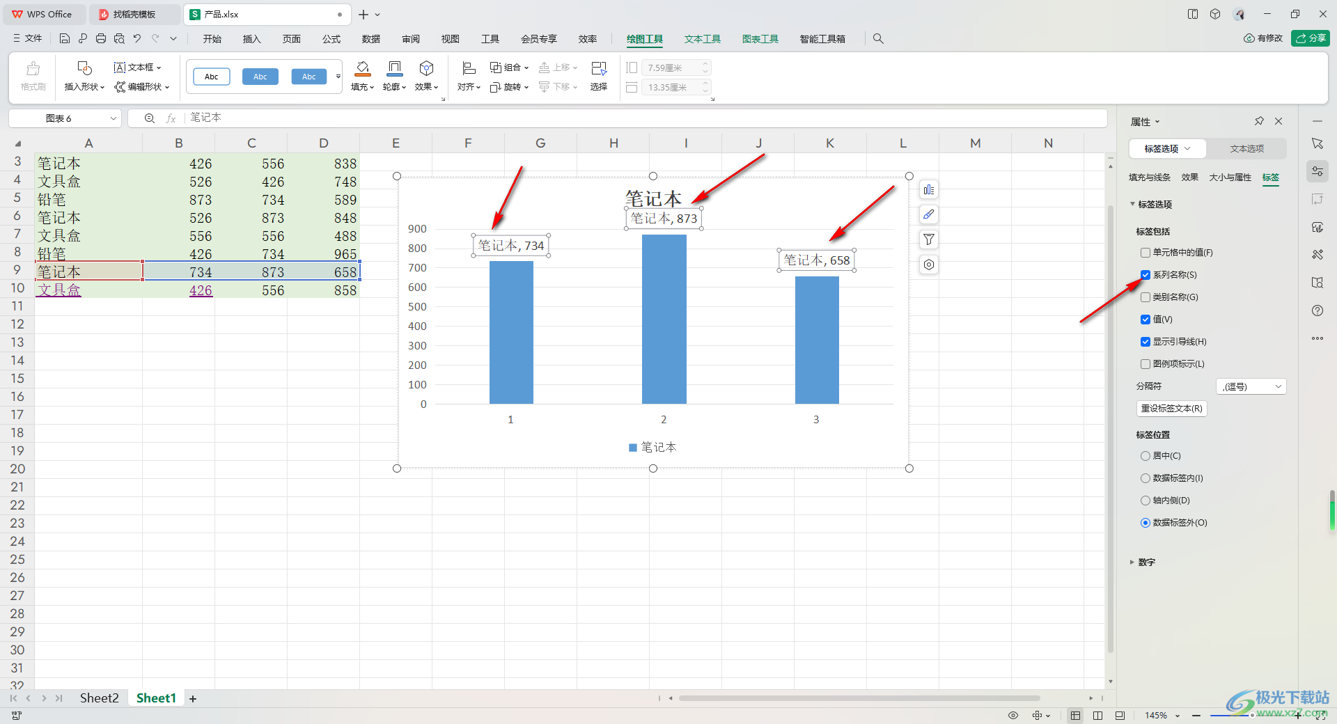 WPS Excel图表设置数据标签换行或数据标签多行显示的方法