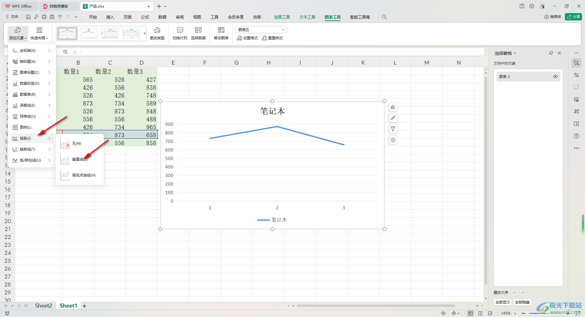 WPS Excel折线图添加垂直线的方法