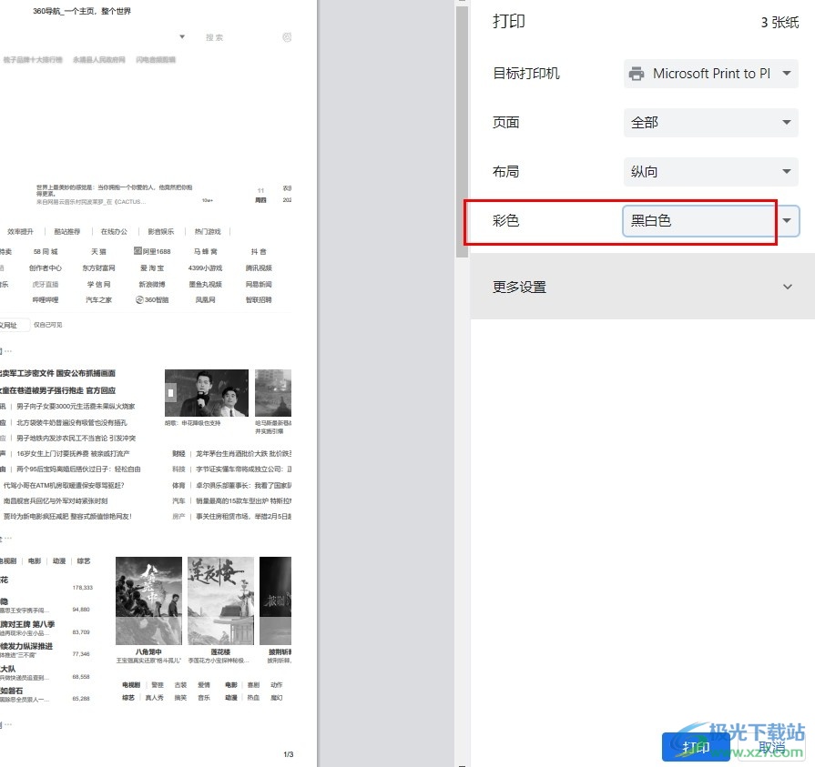 360极速浏览器将网页打印为黑白模式的方法