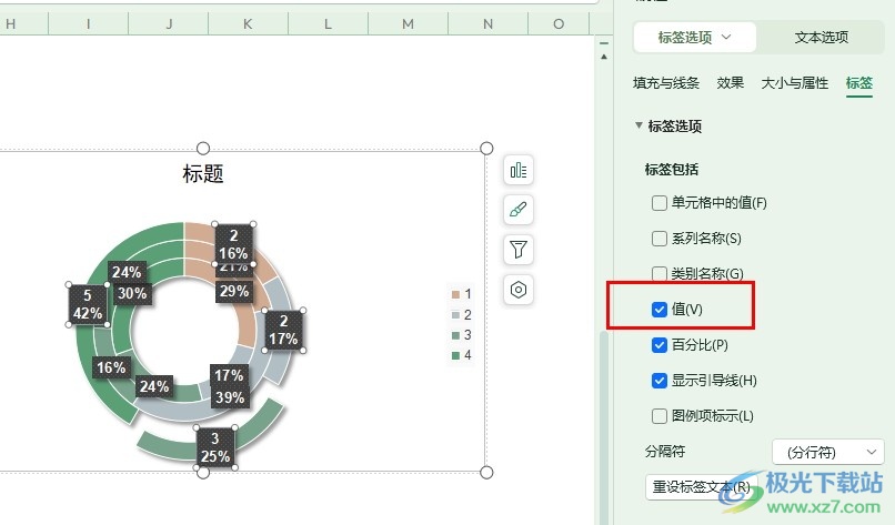 WPS Excel设置圆环图标签上显示数值的方法