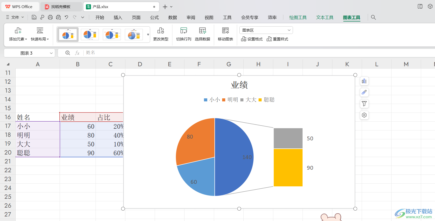 WPS Excel图表制作复合条饼图的方法