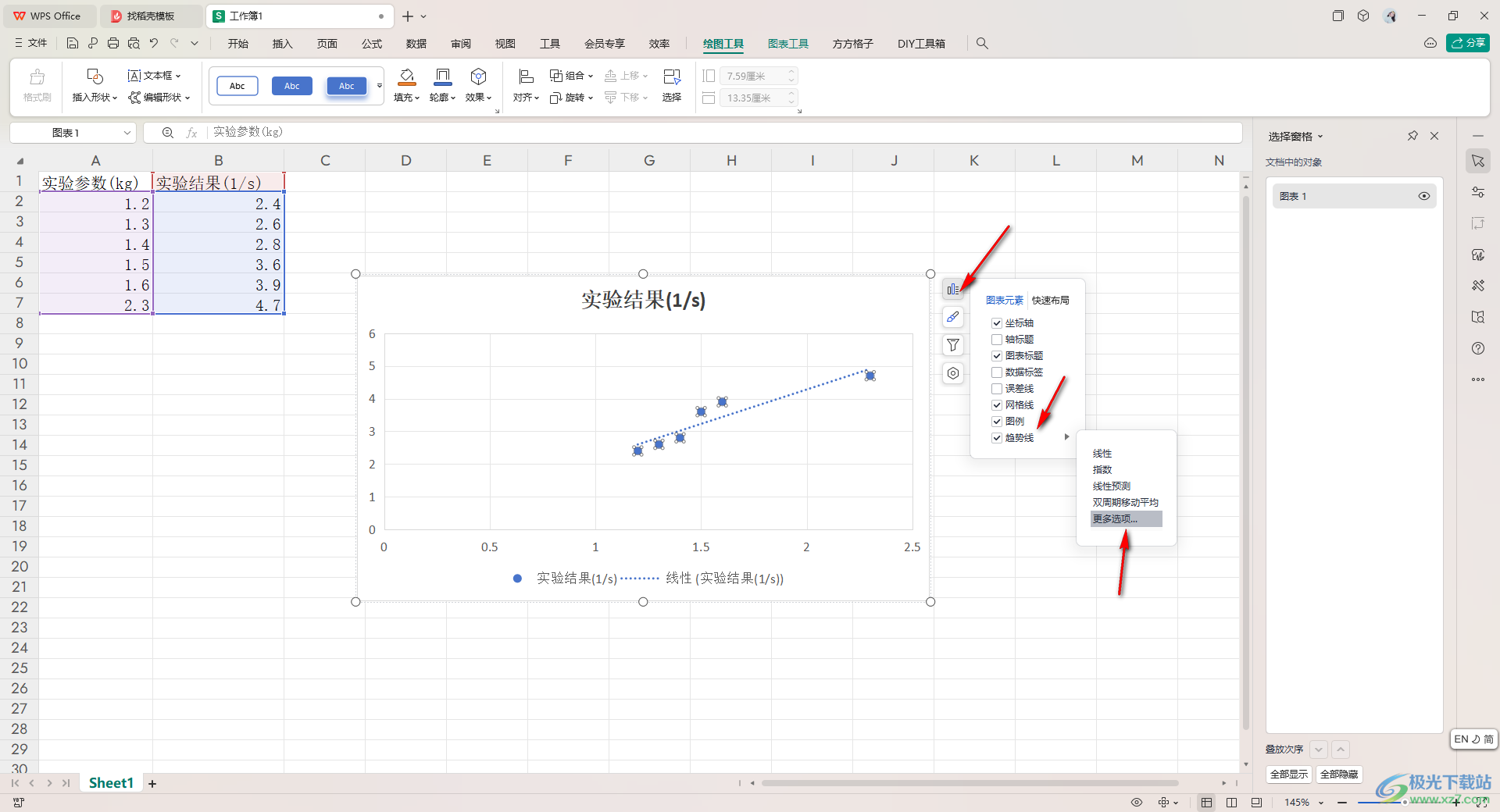 WPS excel将散点图进行线性拟合图分析的方法