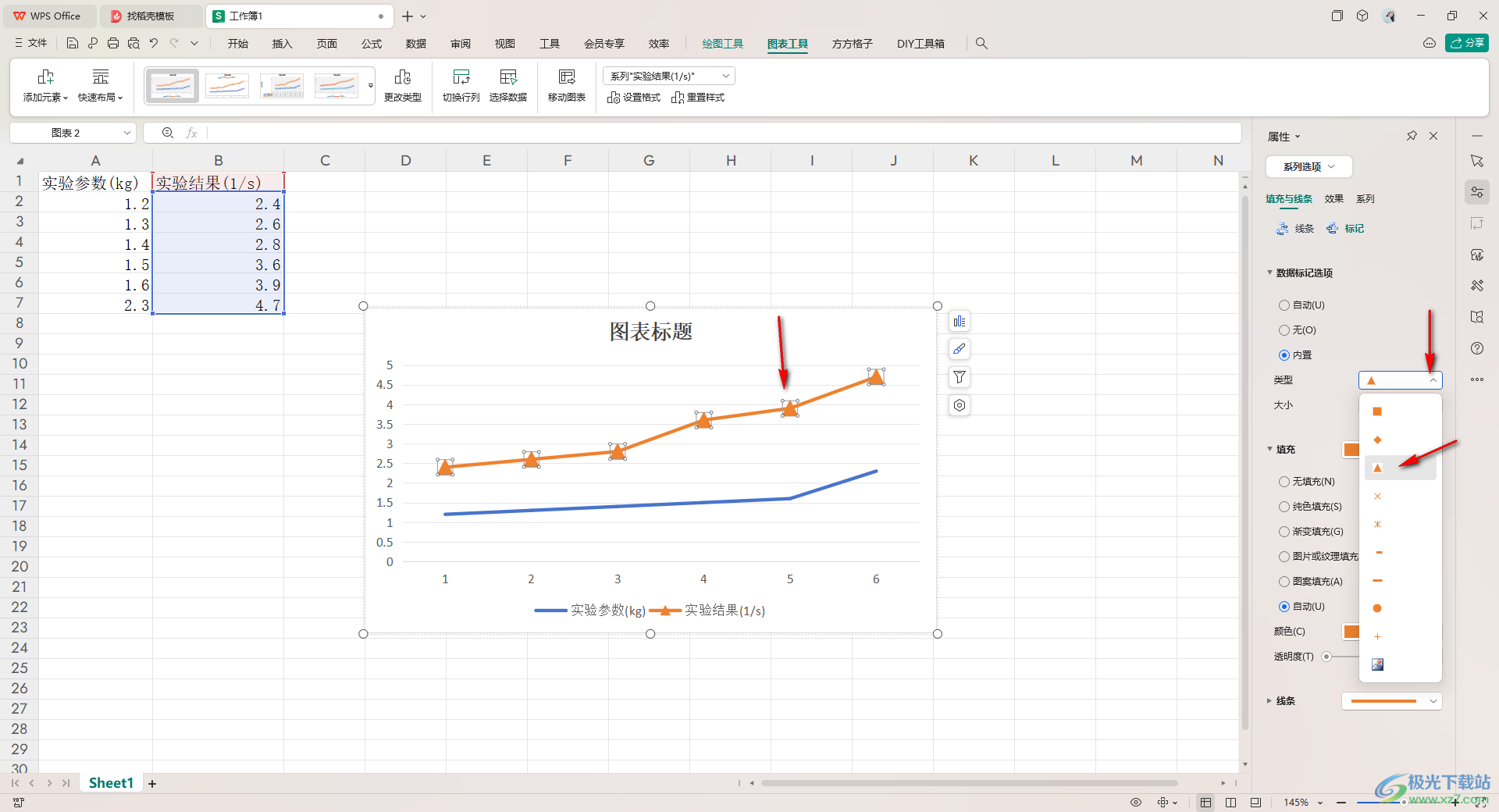 WPS Excel折线图的圆点变成三角形的方法