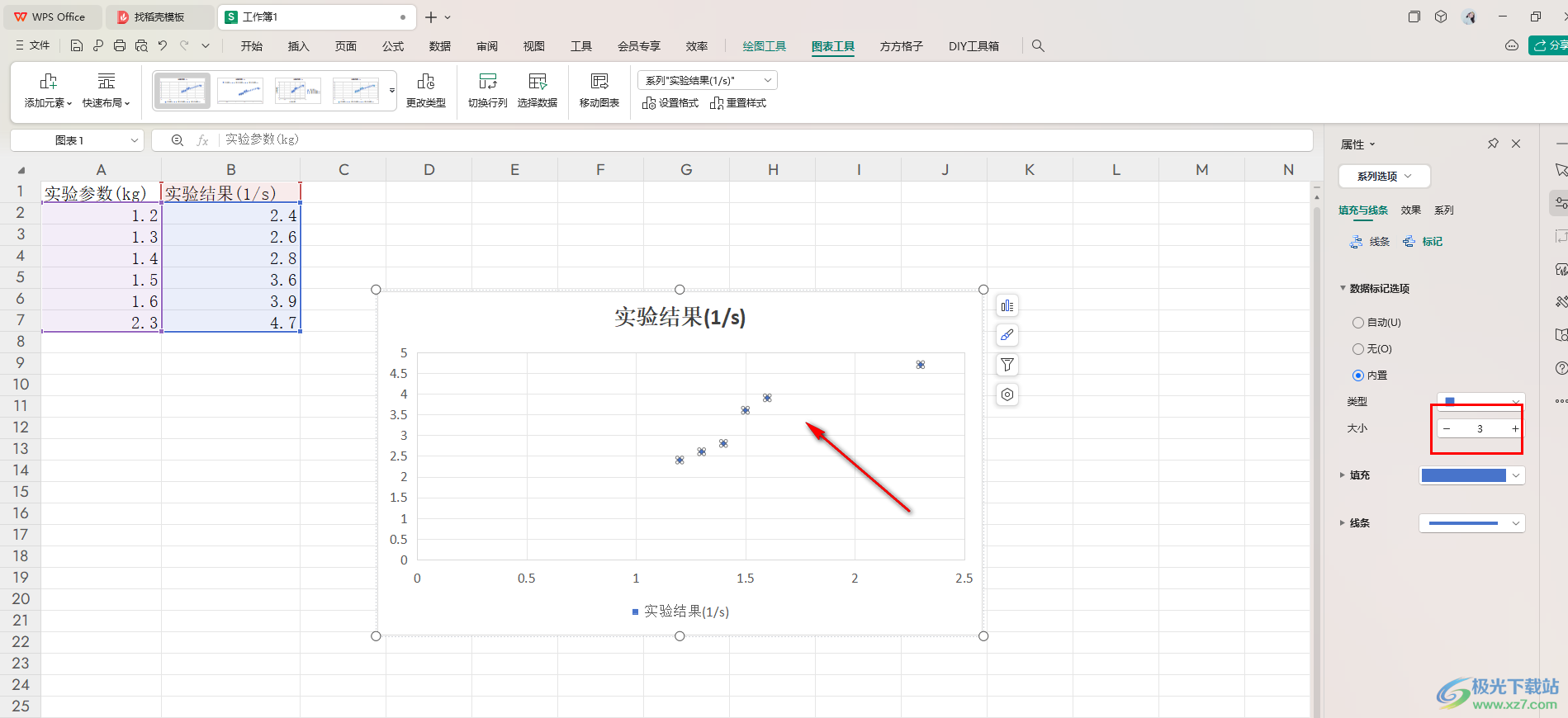 WPS Excel将散点图的点变小的方法