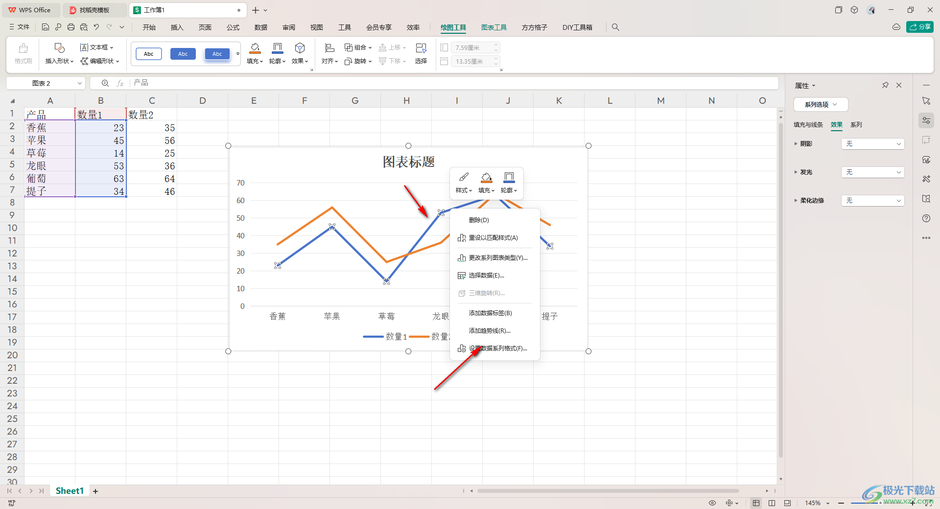 WPS excel折线图设置左右两边都有坐标的方法