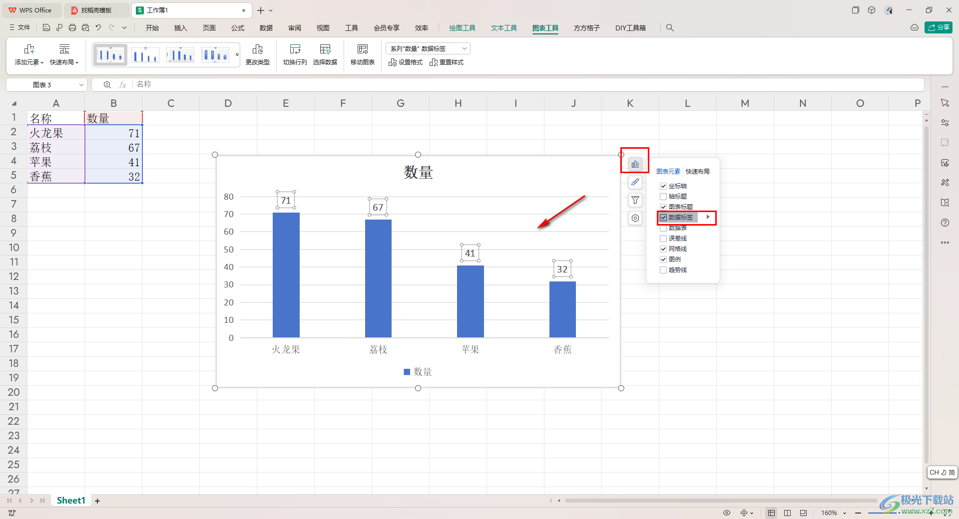 WPS Excel将数值标签更改成字母标签的方法