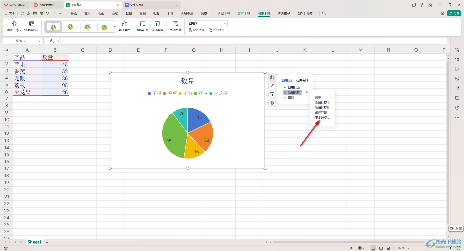 WPS excel的饼图将百分比显示出来的方法