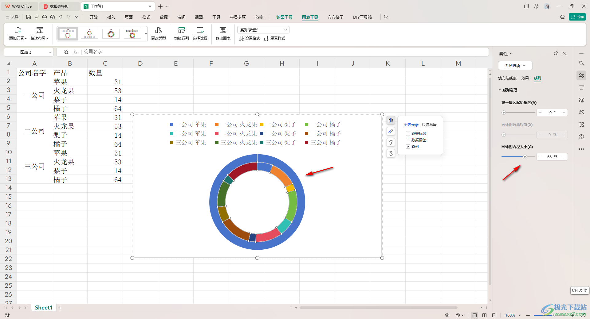 WPS excel制作双层饼图的方法