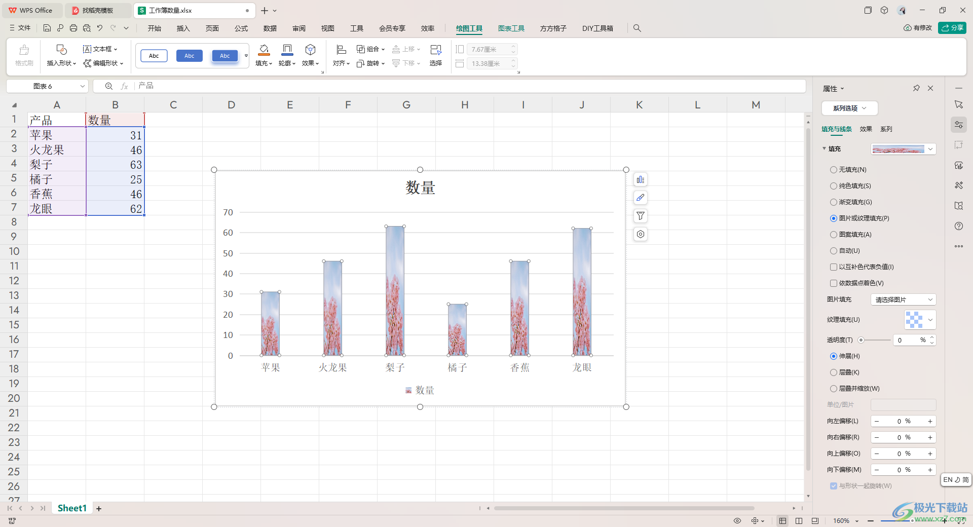 WPS Excel柱形图为柱子嵌入图片背景的方法