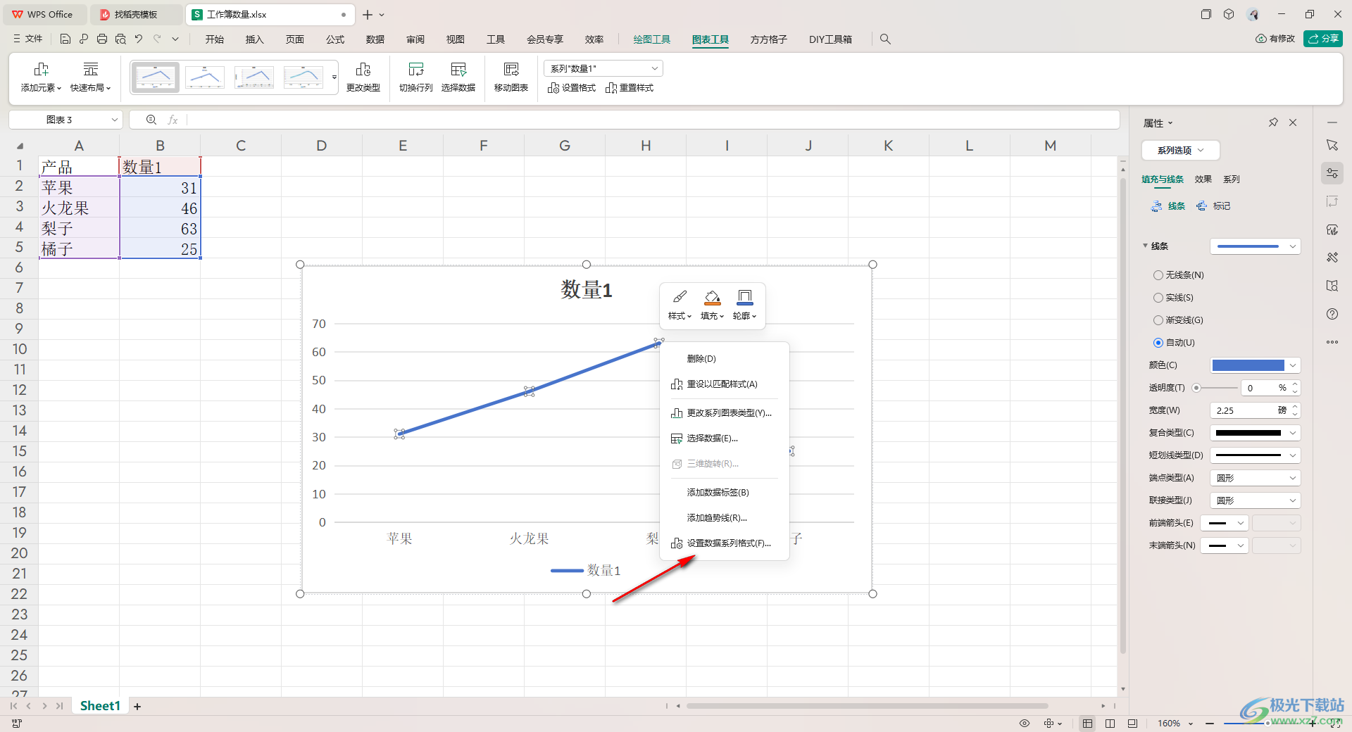 WPS Excel中给折线图添加数据标记形状的方法