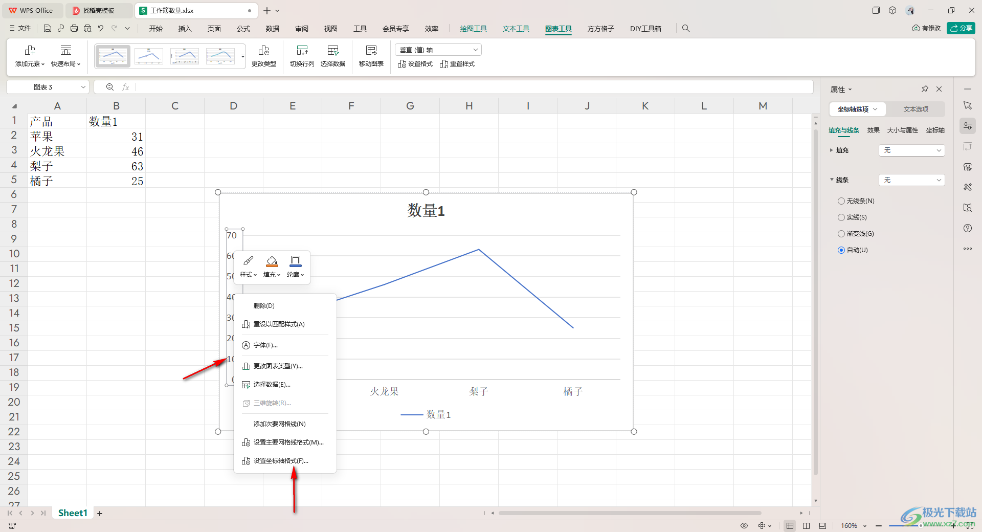 WPS Excel折线图更改纵坐标轴的数据的方法