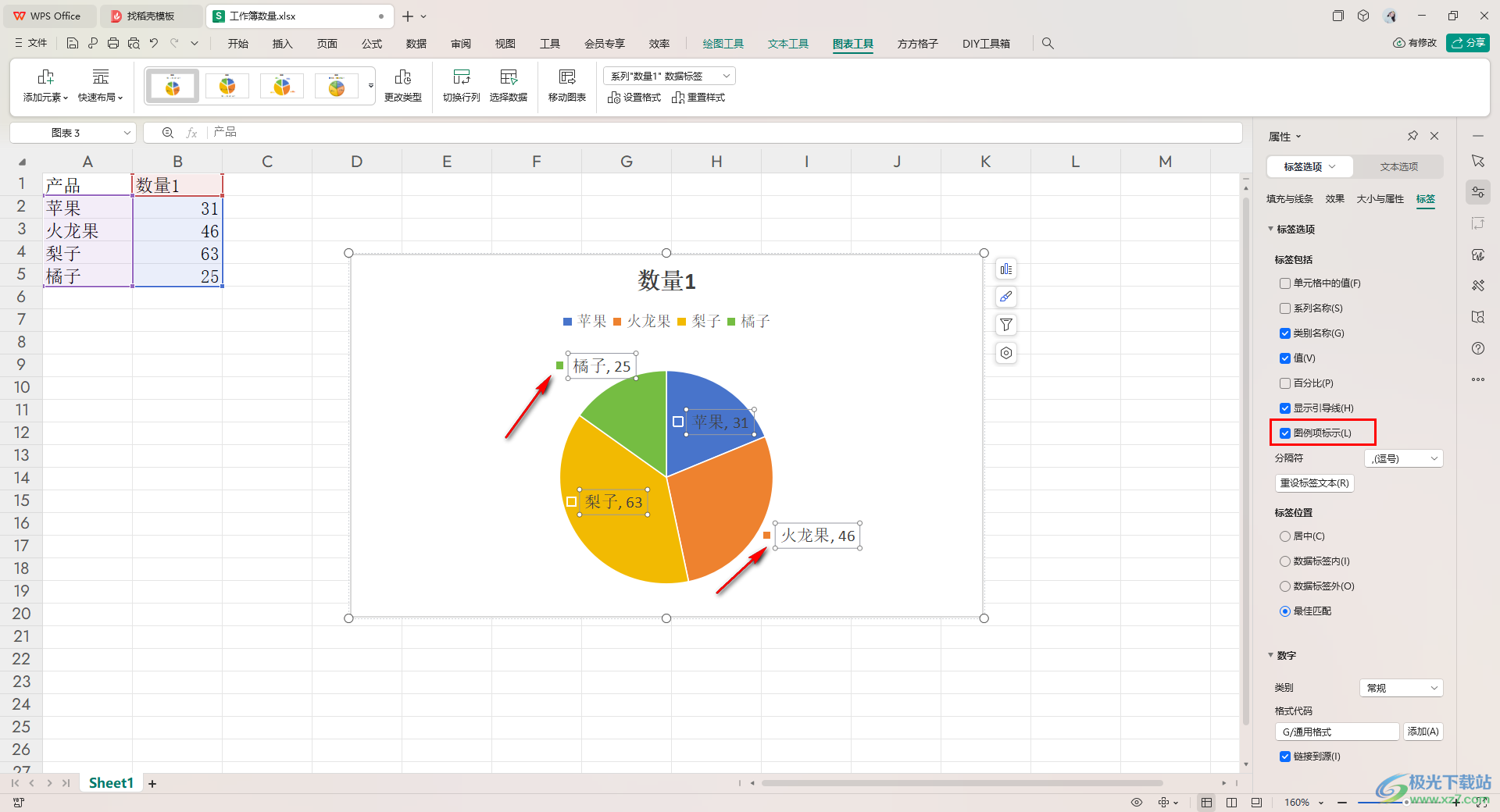 WPS excel饼图添加漂亮的标签图例项标示的方法