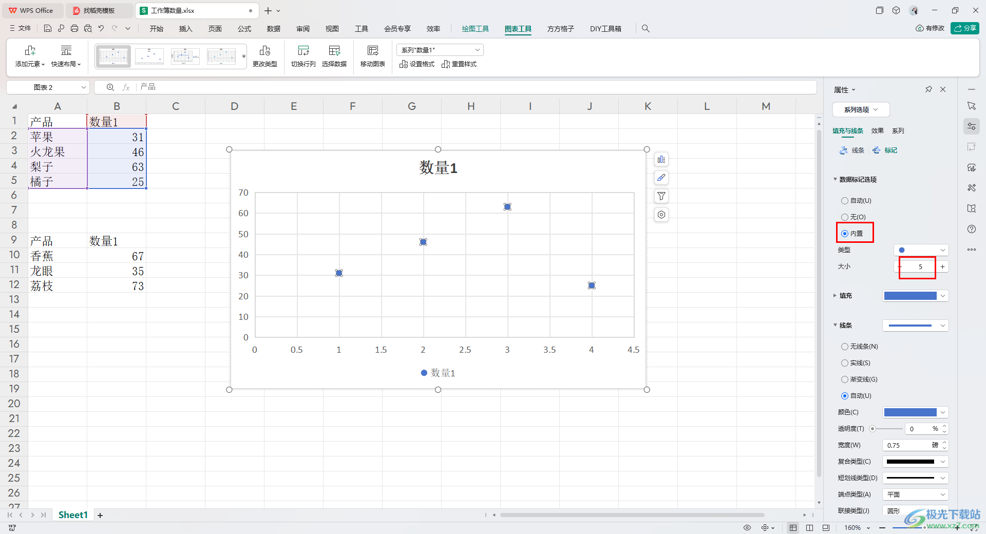WPS Excel中将散点图的点变小的方法