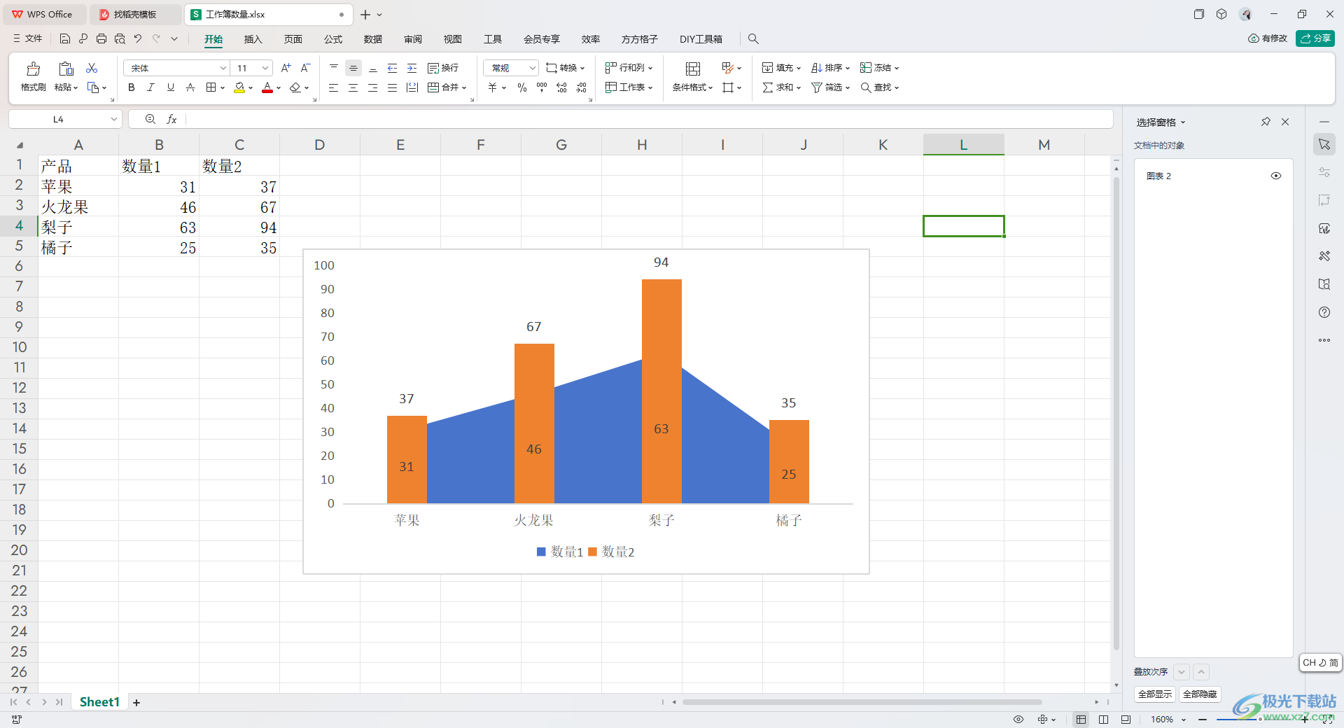 WPS Excel制作簇状柱形面积组合图的方法