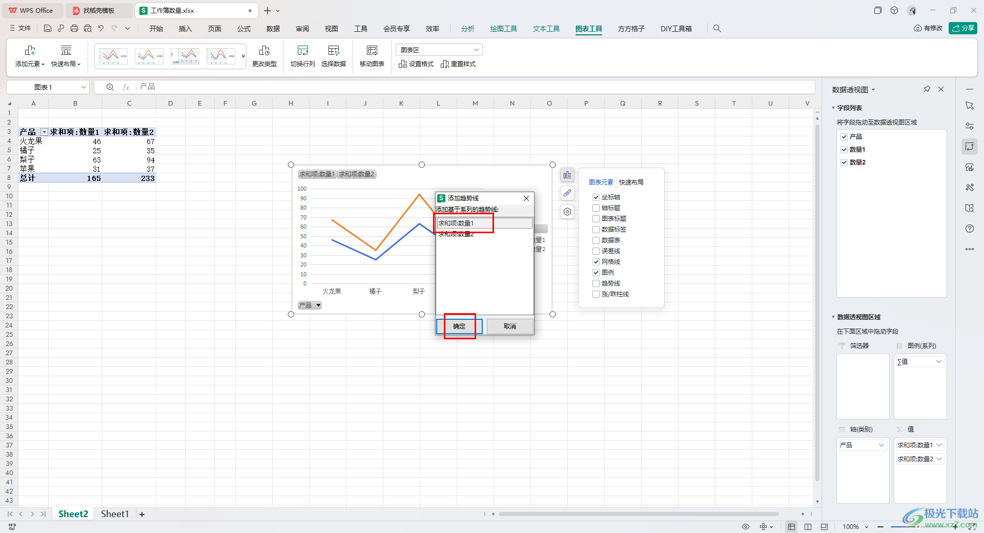 WPS Excel折线透视图添加趋势线的方法