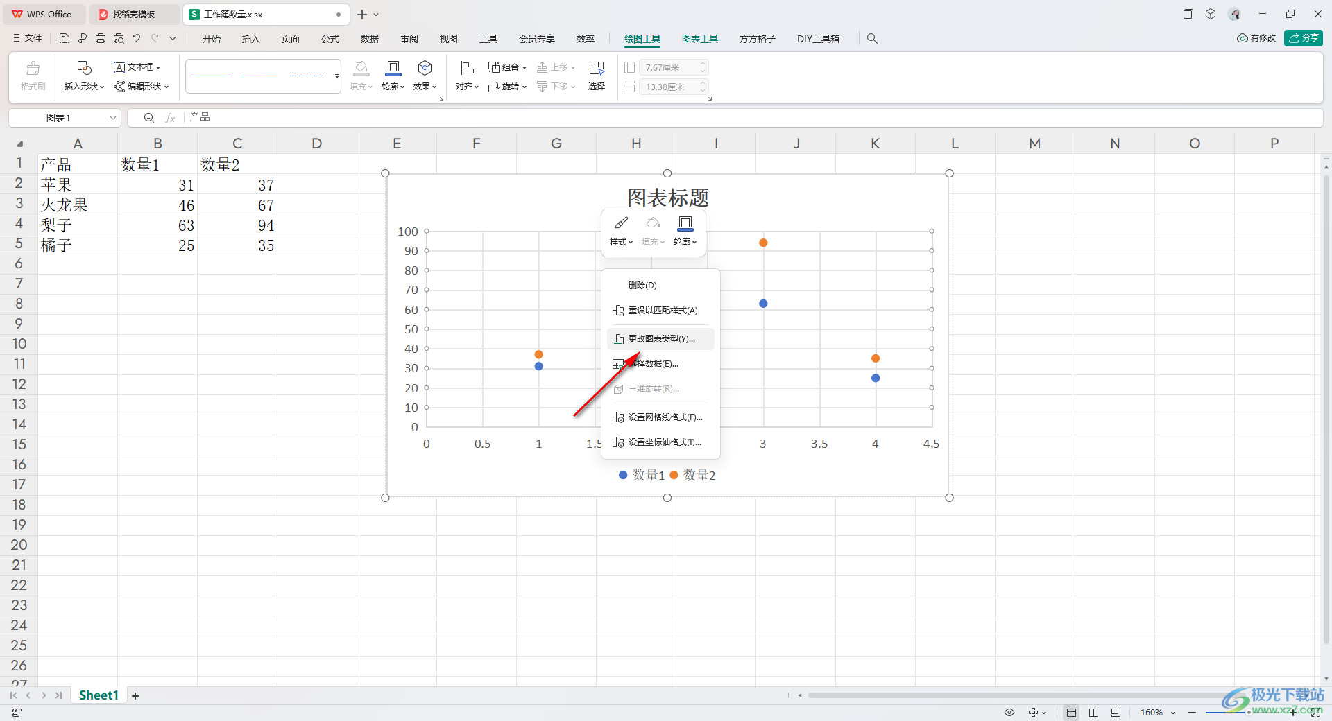 WPS excel表中的散点图转变成折线图的方法