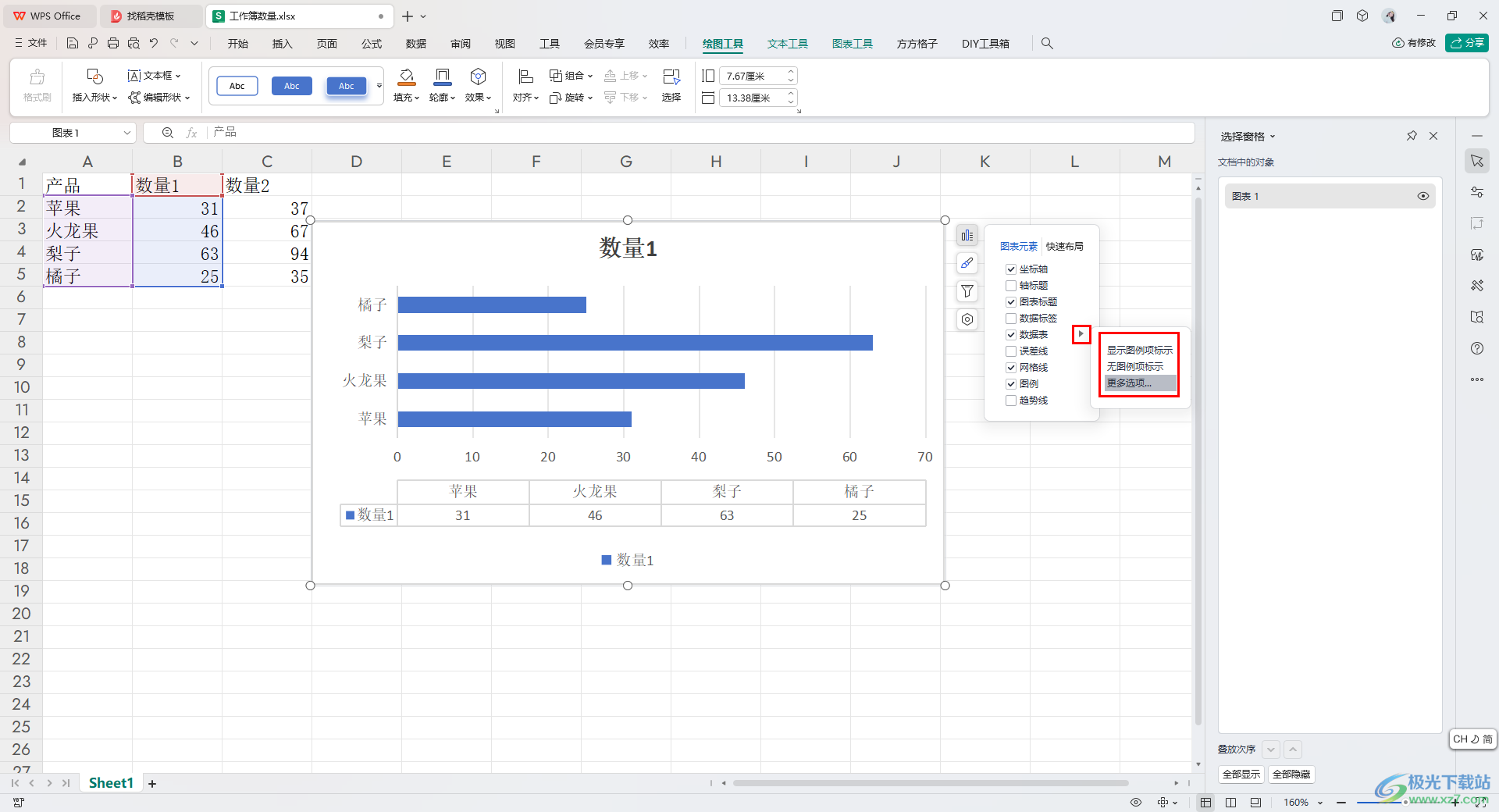 WPS Excel条形图添加数据表的方法