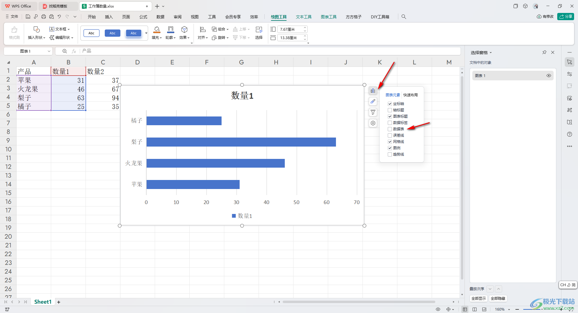 WPS Excel条形图添加数据表的方法