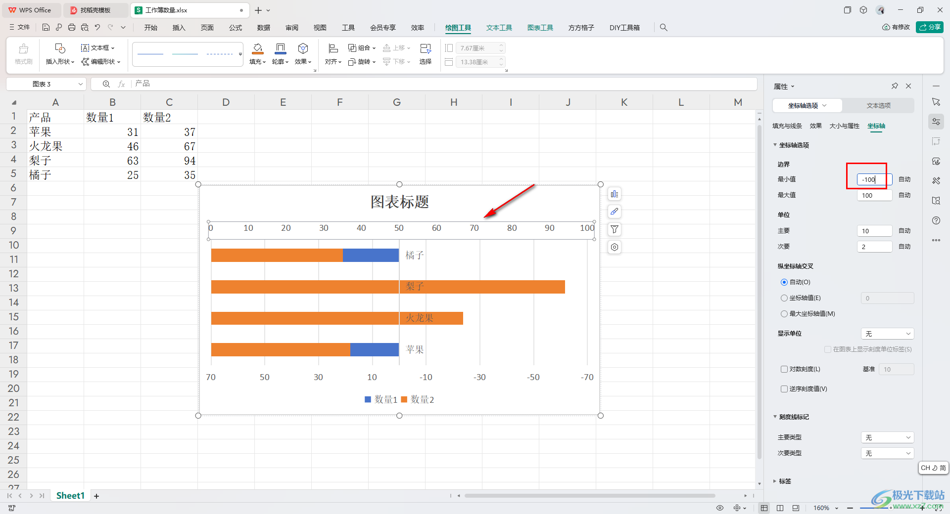 WPS Excel制作对称条形图的方法