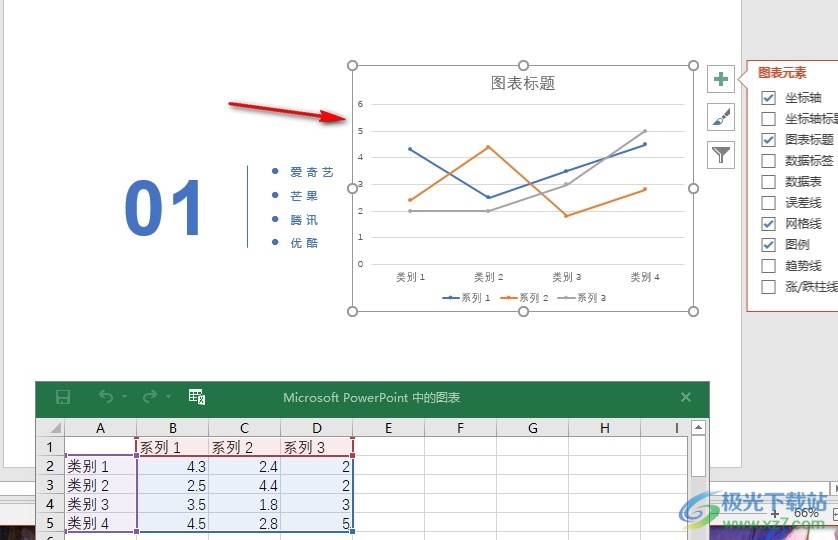 PPT演示文稿在幻灯片中插入折线图的方法