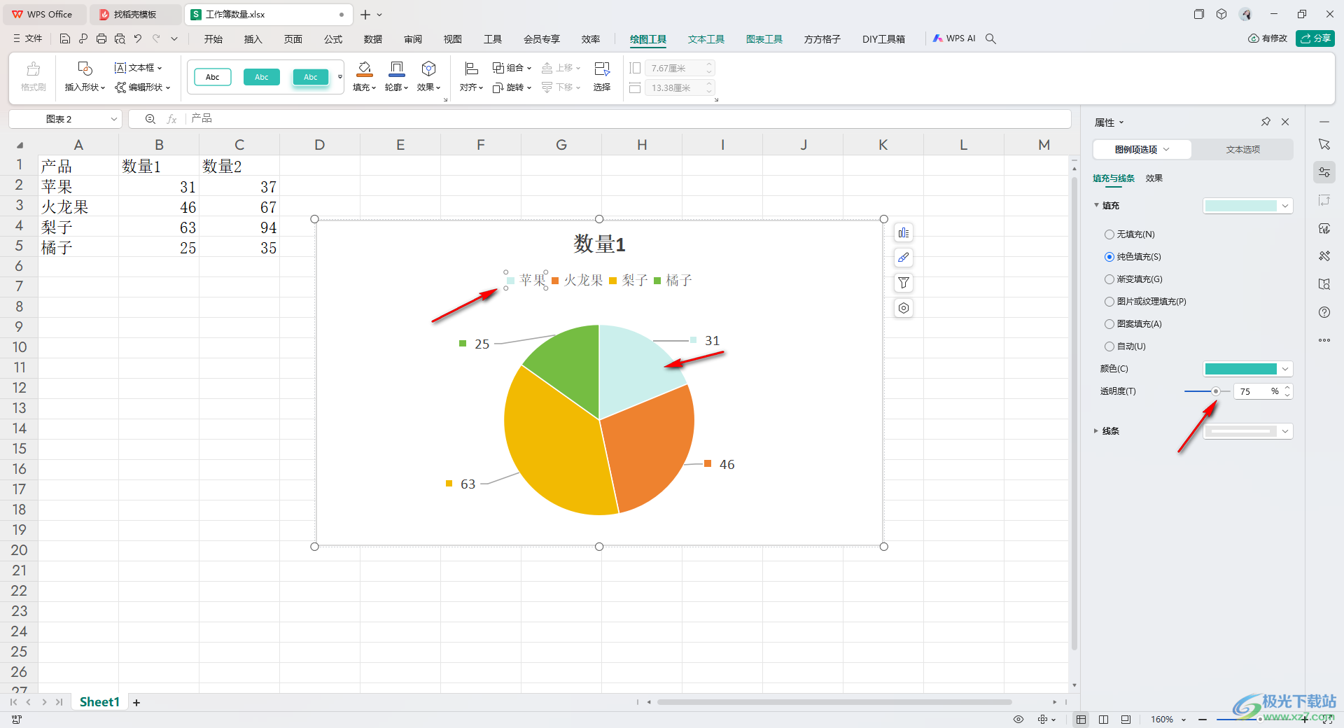 WPS excel饼图修改图例项标示颜色的方法