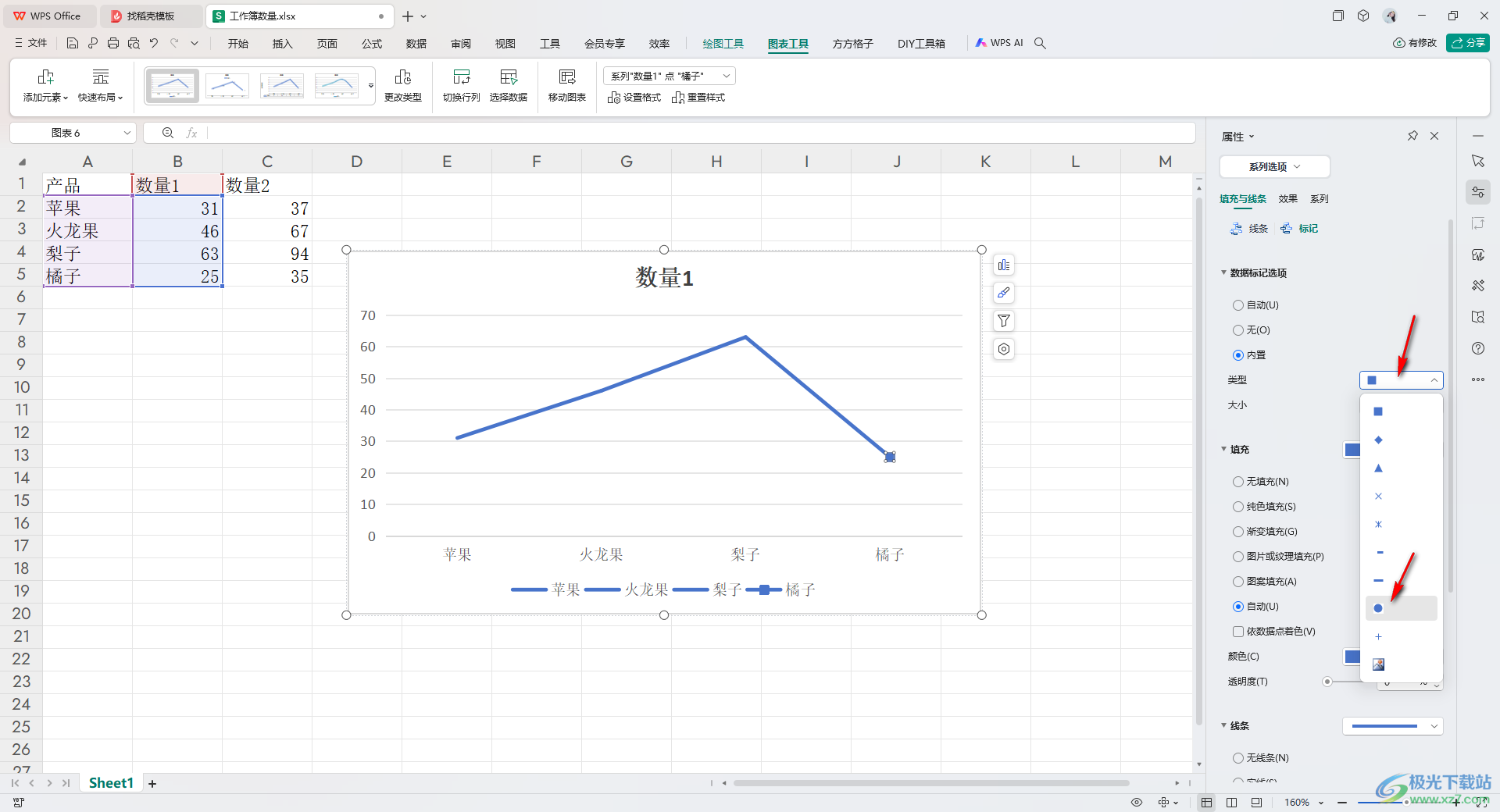 WPS Excel在折线图的折线末尾添加实心圆的方法