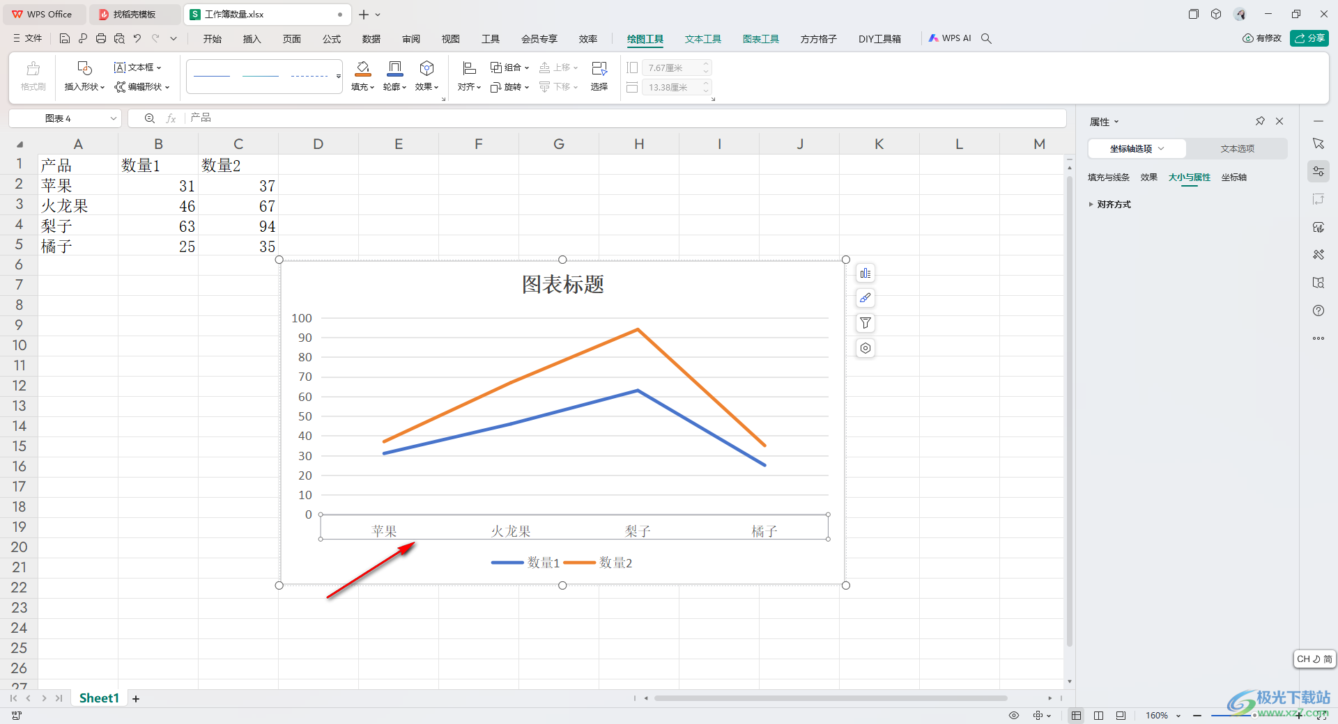 WPS Excel设置隐藏折线图表中的水平轴的方法