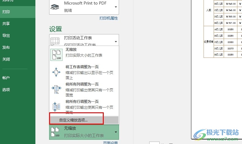Excel表格文档自定义打印缩放比例的方法