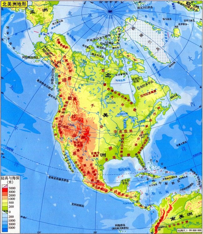 北美洲地形图高清版