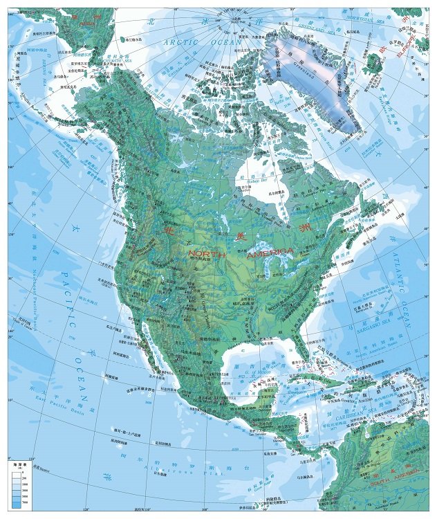 北美洲地形图高清中文版(1)