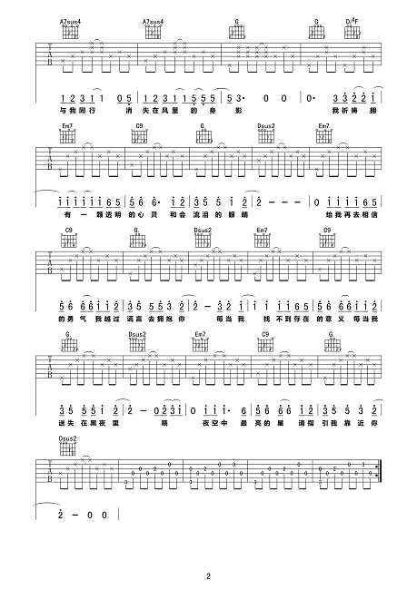 夜空中最亮的星吉他谱简单版c调电脑版(1)