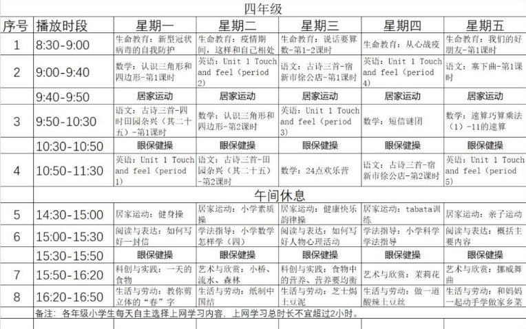 广东中小学线上教育课表(1)