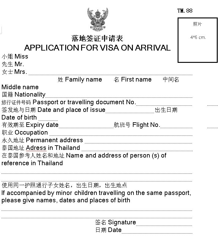 泰国落地签证申请表模板