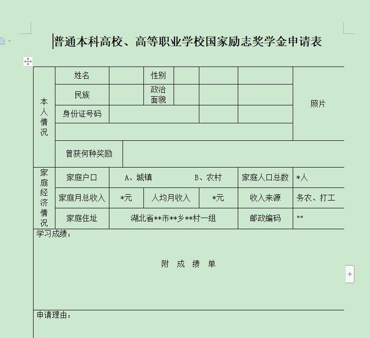 国家励志奖学金申请表格模板